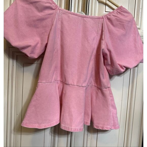 H&M Girls Denim Look Puff Sleeve Square Neck Peplum Blouse Light Pink Size 8-10 - Picture 3 of 7